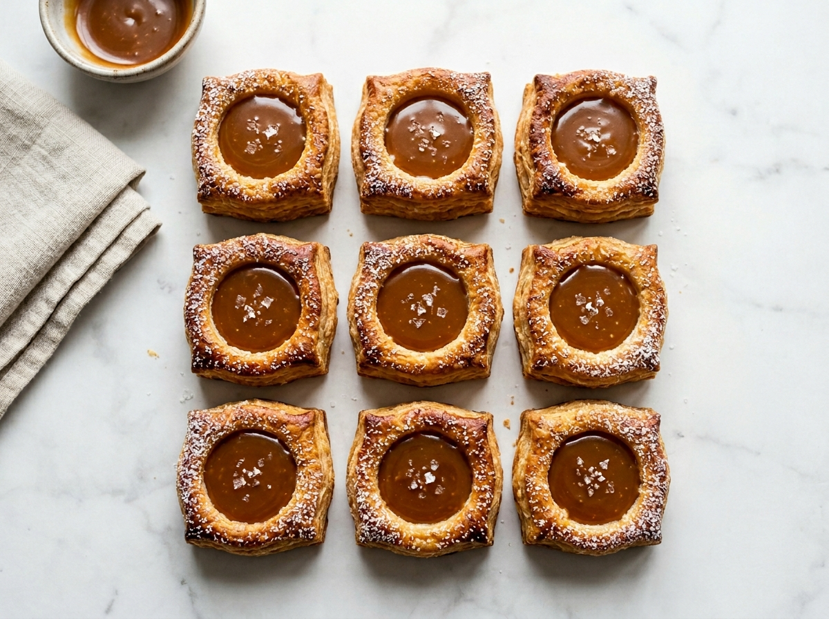 Mini caramel puff pastries on marble with glossy amber caramel centers, flaky golden pastry, and flaky sea salt