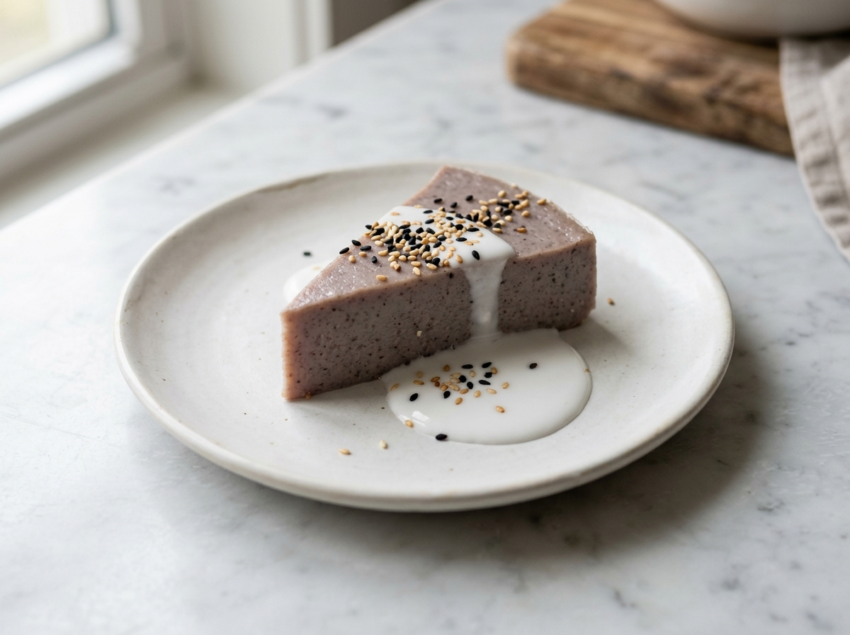 Sliced taro coconut pudding on white plate showing natural purple cross-section with coconut cream drizzle and sesame seeds