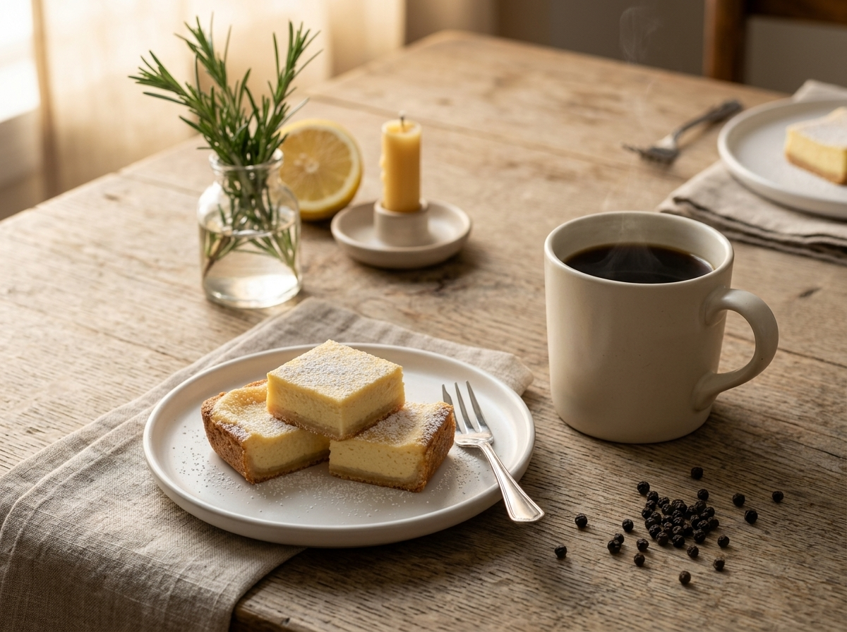 Three chess squares stacked on a white dessert plate next to a mug of black coffee on a wooden table