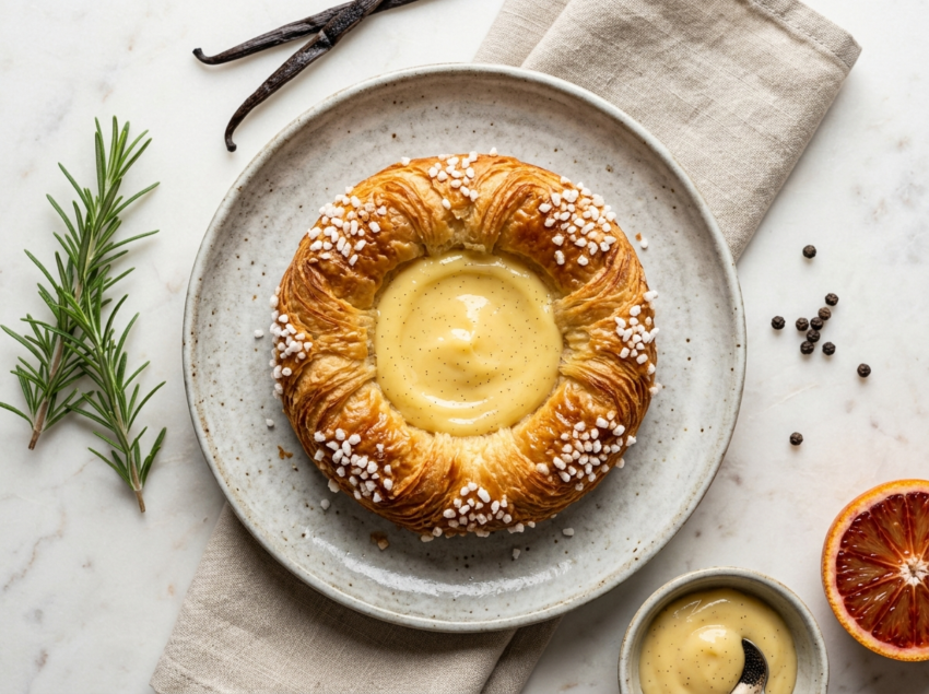 Four golden Danish vanilla cream pastries on marble with visible custard filling, pearl sugar edges, and a split vanilla bean