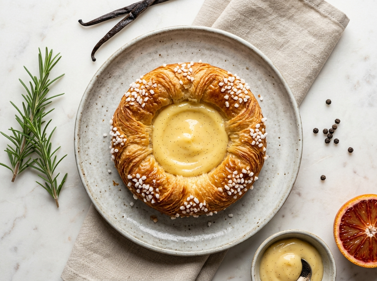 Four golden Danish vanilla cream pastries on marble with visible custard filling, pearl sugar edges, and a split vanilla bean