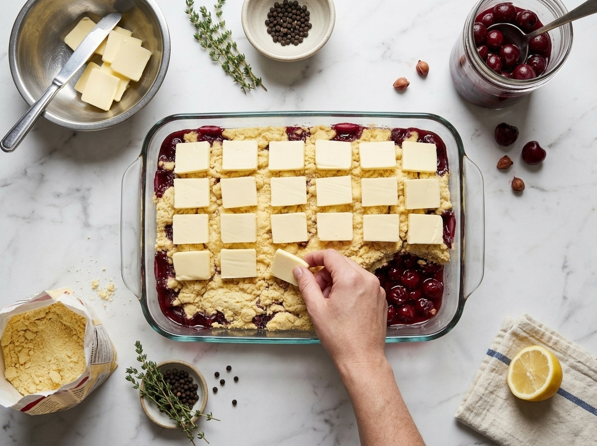 Cold butter pats tiled over dry yellow cake mix on top of cherry pie filling in a glass baking dish before baking