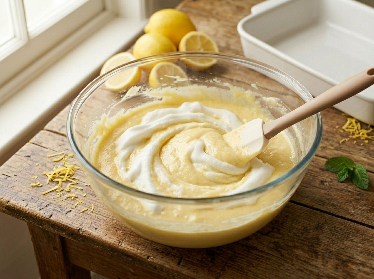 Folding stiff egg whites into lemon pudding cake batter in a glass bowl with a rubber spatula