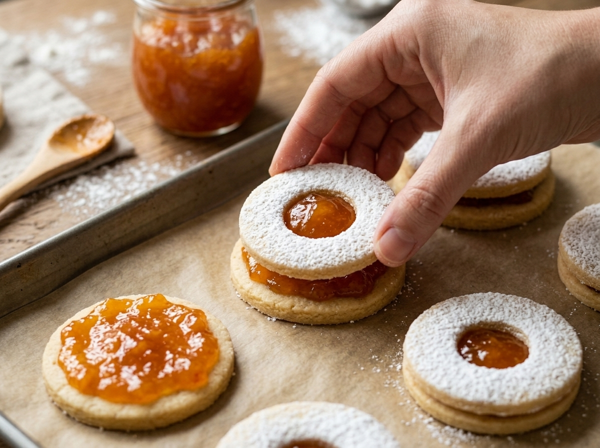 Assembling Hungarian jam sandwich cookies on parchment, apricot jam visible through cut-out window in the dough top