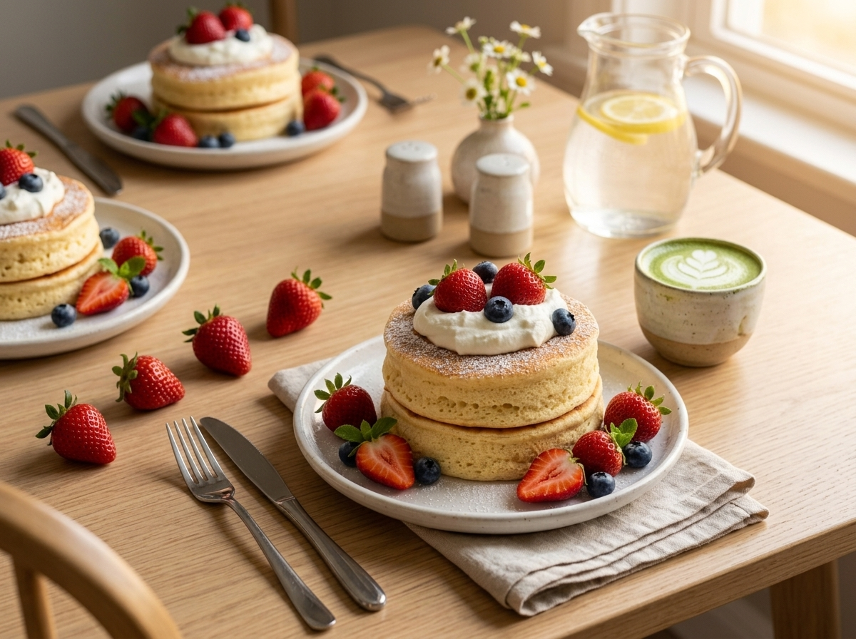 Plated Japanese soufflé pancake dessert with whipped cream and berries next to a ceramic matcha latte on a wooden table