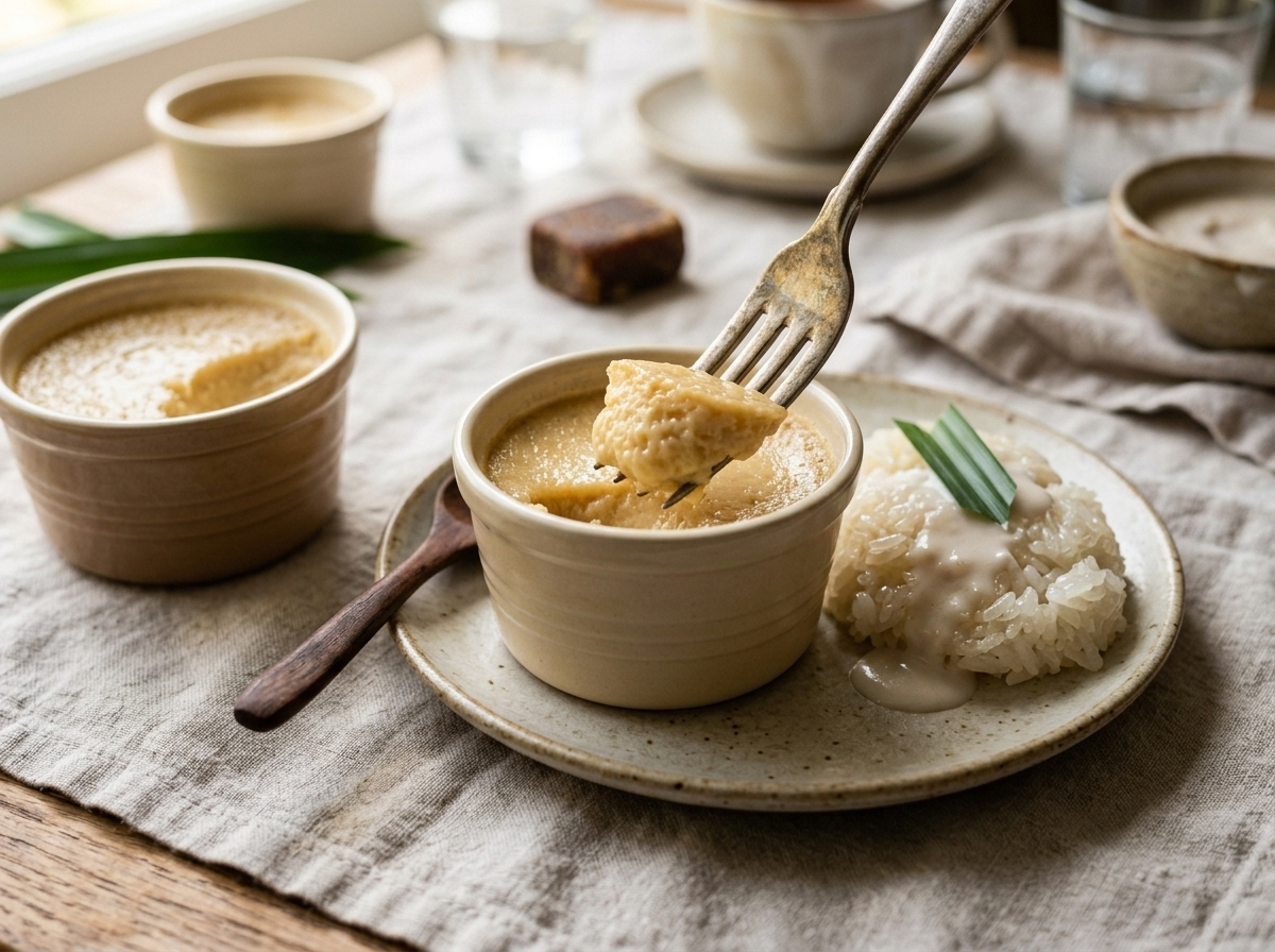 Two Thai coconut custard cups with sticky rice and a coconut cream drizzle on a linen-set table