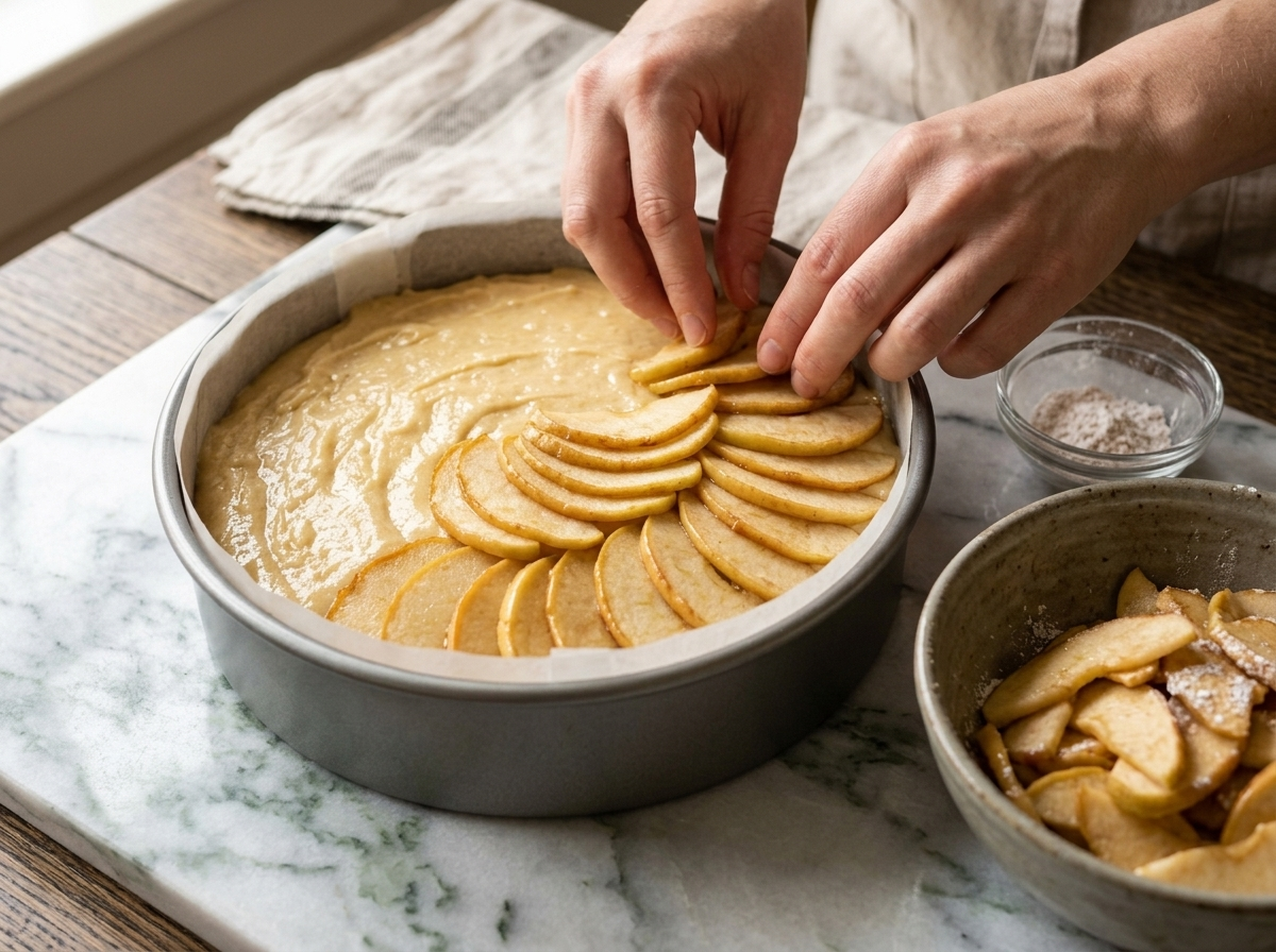 Arranging thin apple slices in a fan pattern over yogurt cake batter in a round cake pan before baking