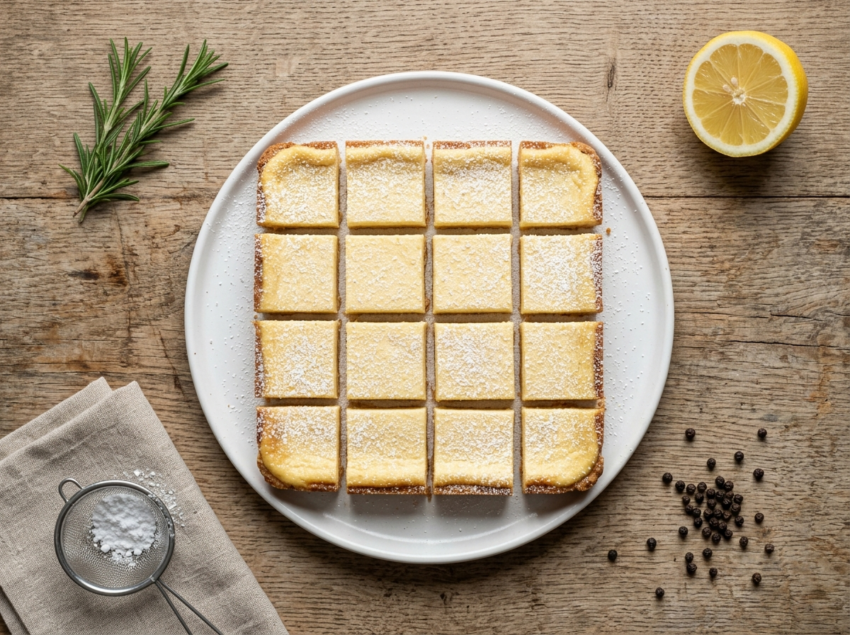 Classic chess squares dessert bars on a ceramic plate showing golden crust and cream cheese filling dusted with powdered sugar