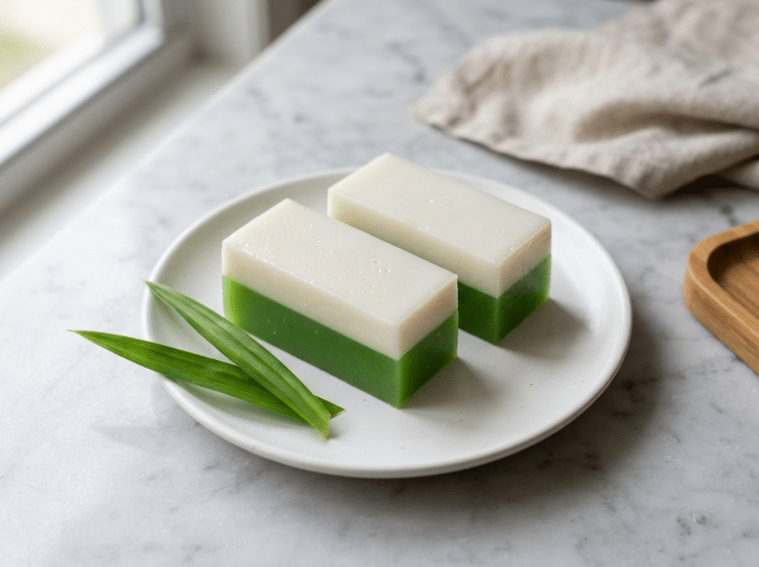 Sliced pandan coconut jelly cake showing green pandan layer and white coconut layer on a white ceramic plate
