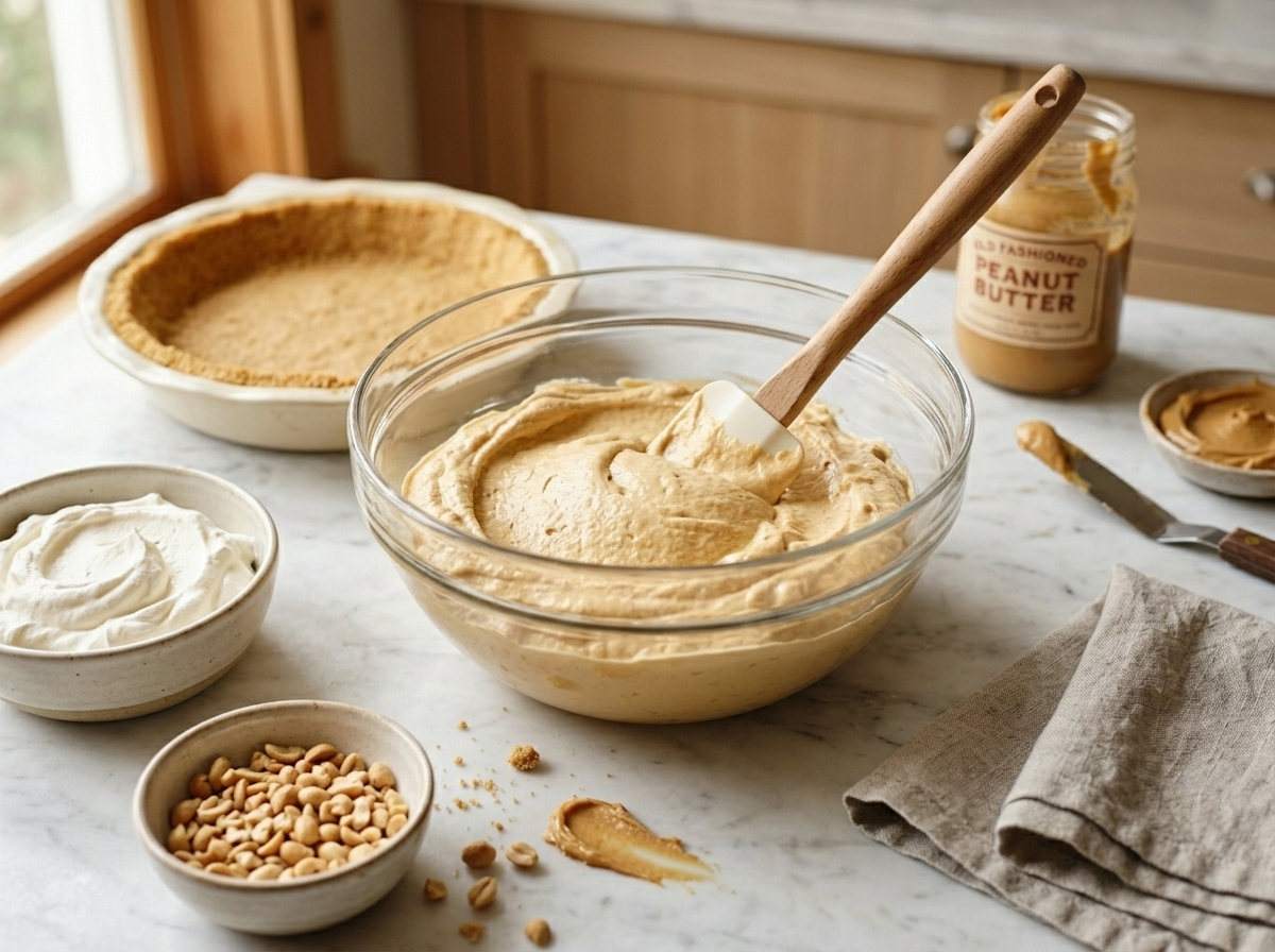 Peanut butter and cream cheese filling being folded with a spatula in a glass mixing bowl, pale tan mousse texture