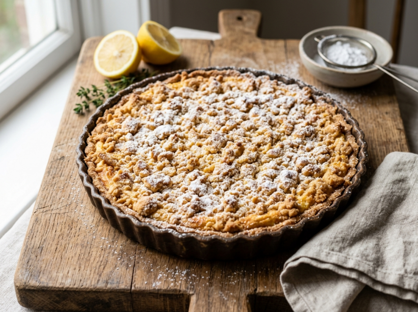 Whole Italian ricotta crumb pie in a fluted tart pan dusted with powdered sugar on a wooden board