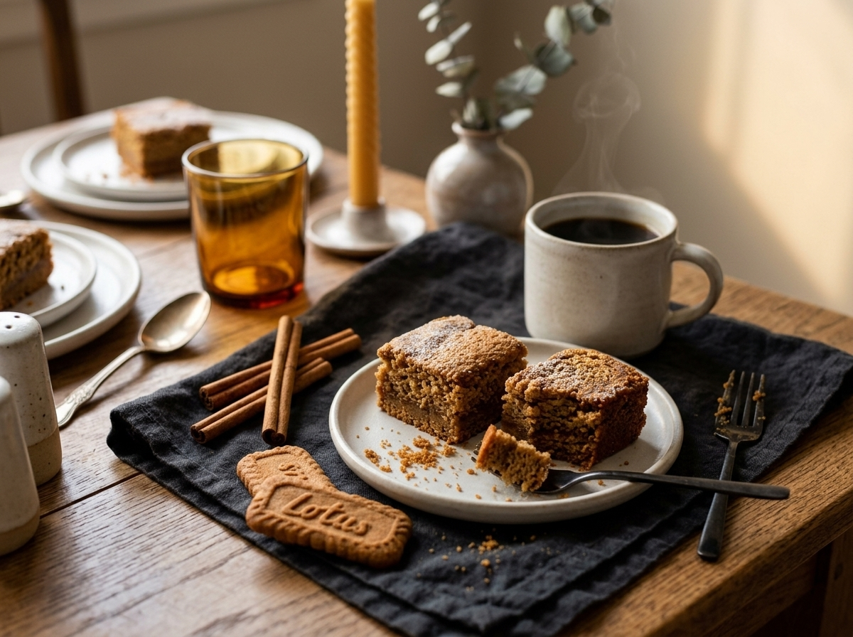 Two speculoos cake bars on a ceramic plate beside a black coffee mug with cinnamon sticks on a linen napkin