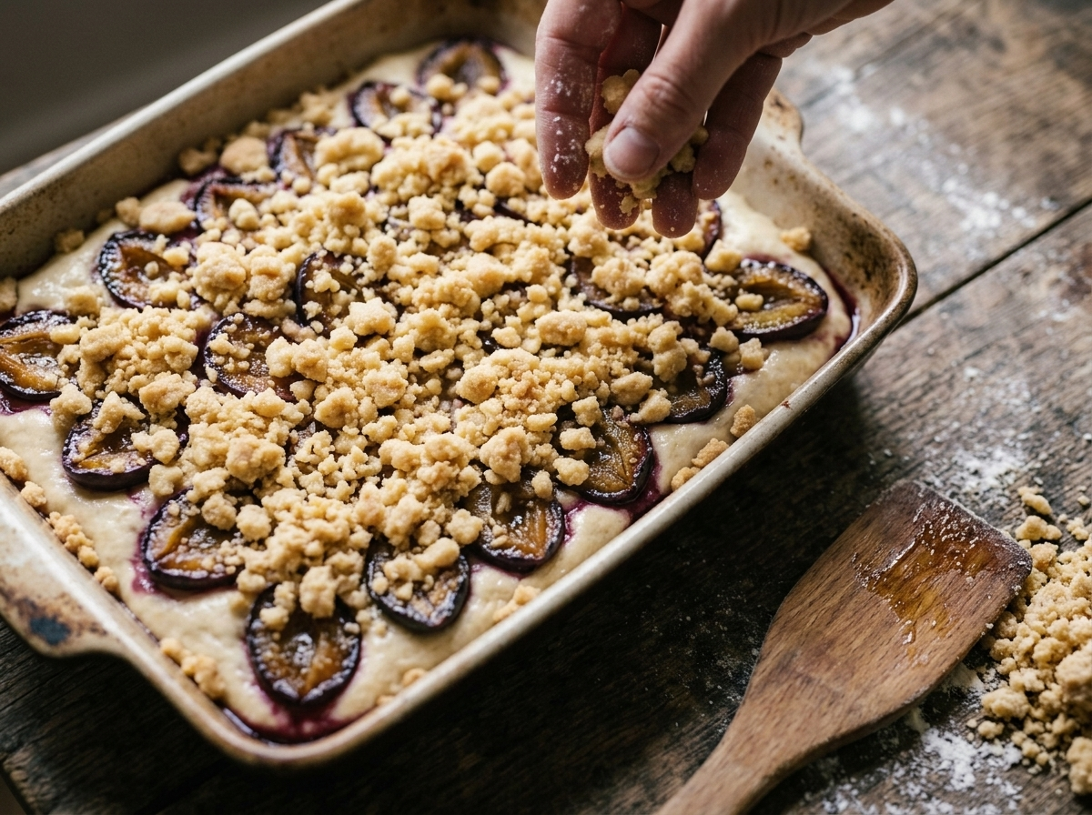 Hands scattering cold butter streusel over rows of halved Italian prune plums on yeast dough in a pan