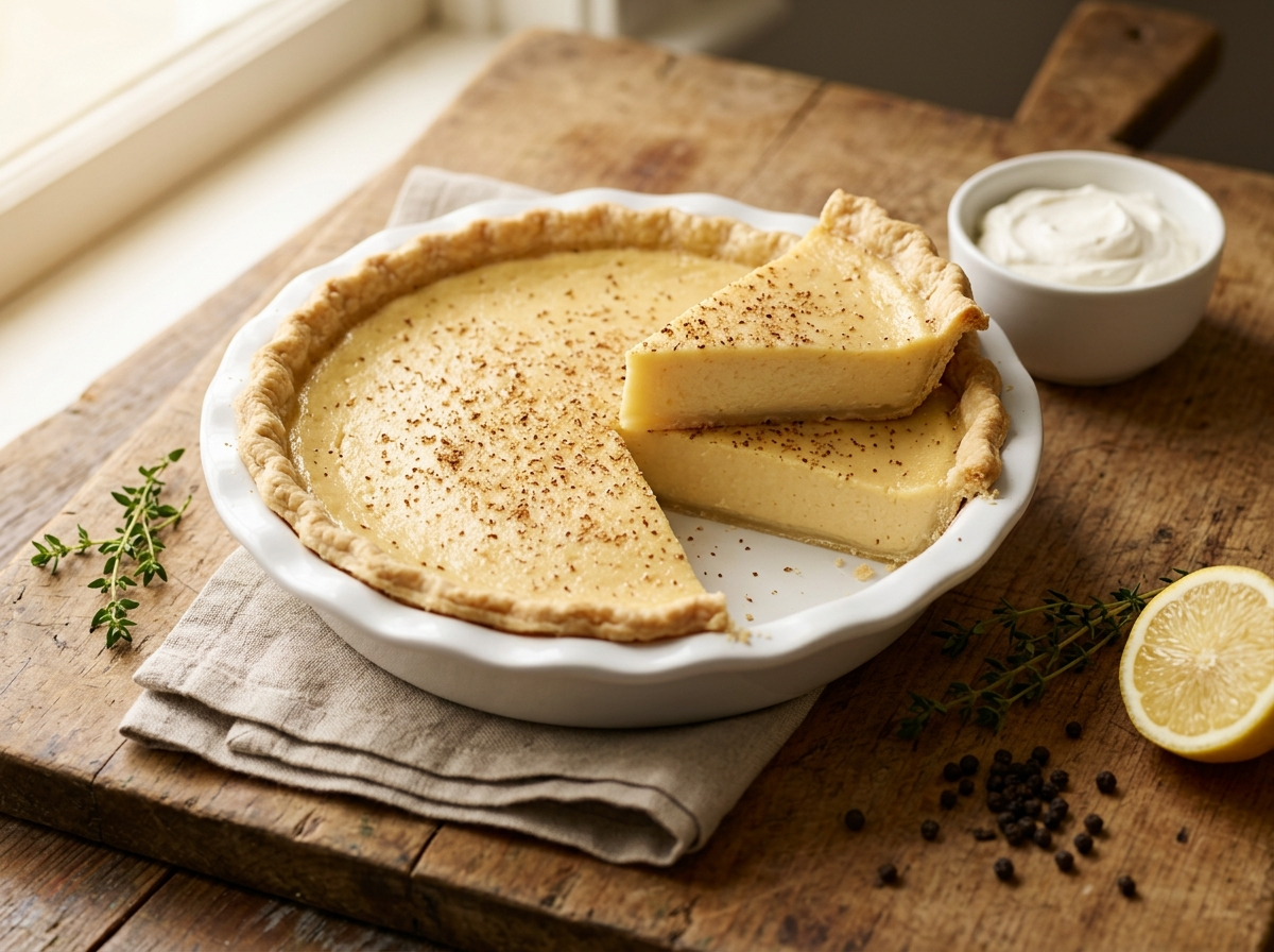 Classic baked custard pie in a white dish with nutmeg top and one slice removed showing silky pale golden filling