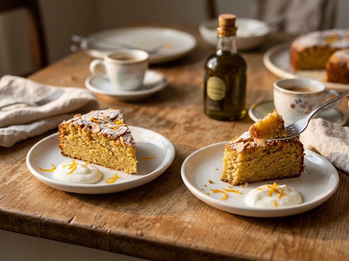 Two slices of Spanish almond olive oil cake with Greek yogurt and espresso on a wooden table