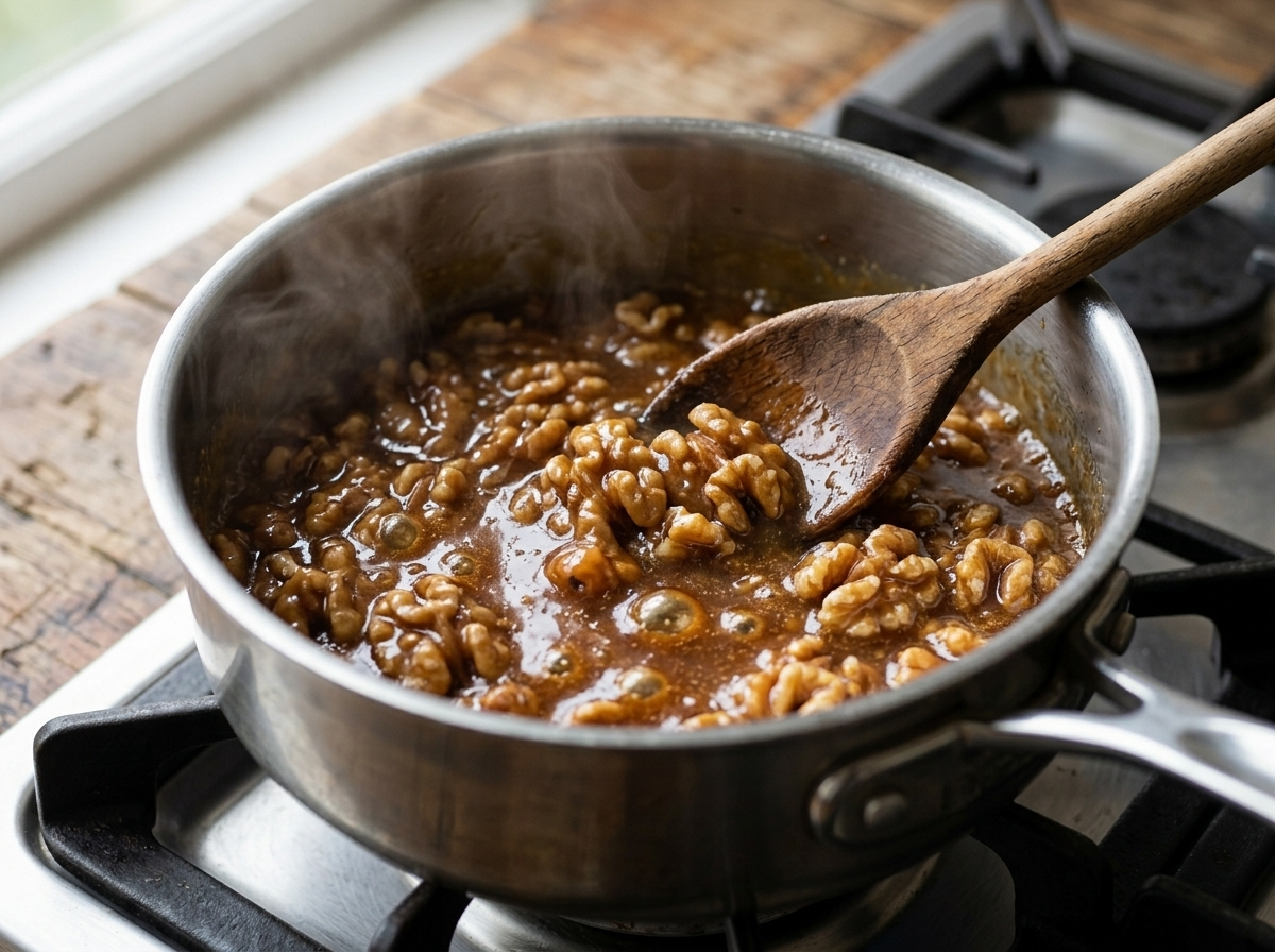 Honey-walnut caramel filling simmering in a saucepan, being stirred with a wooden spoon before pouring onto pastry