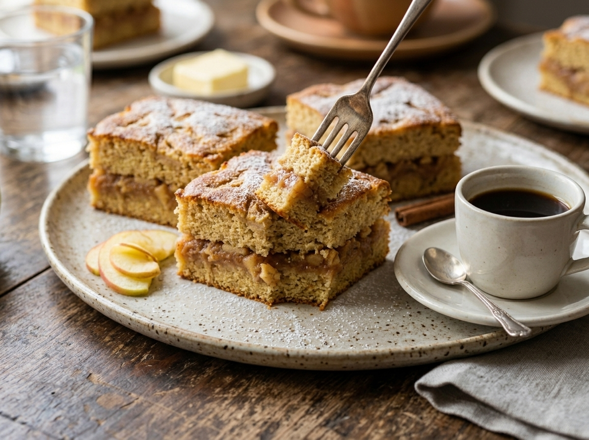 Three slices of Romanian prajitura cu gris si mere on a ceramic platter with powdered sugar and a cup of coffee