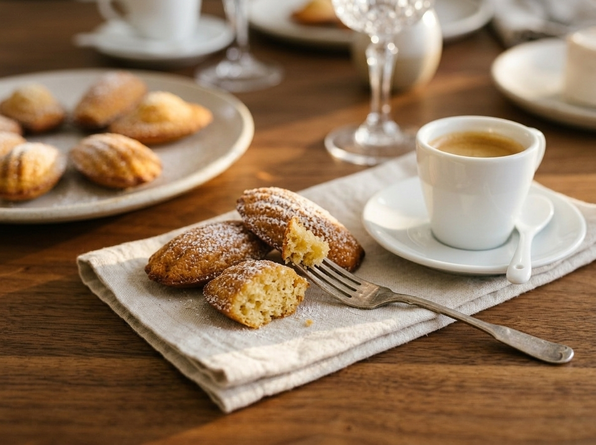 Three warm brown butter madeleines on linen beside an espresso cup in soft golden light