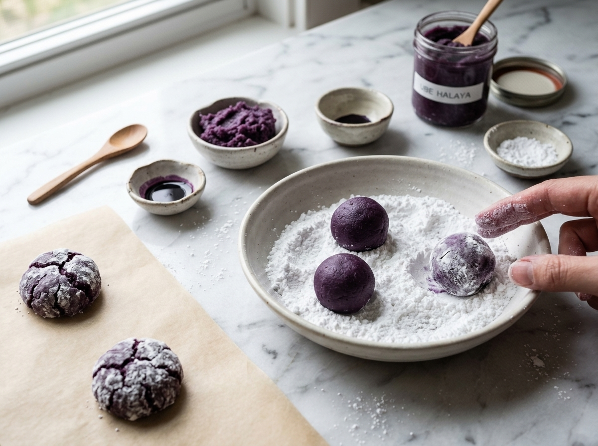 Rolling purple ube crinkle cookie dough balls in powdered sugar on a marble counter before baking
