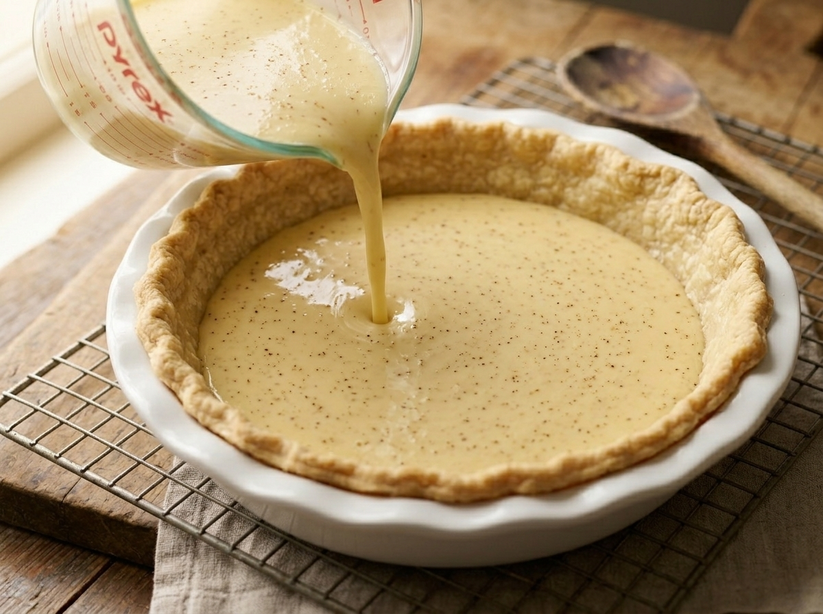 Strained egg custard filling being poured into a blind-baked pie shell on an oven rack before baking
