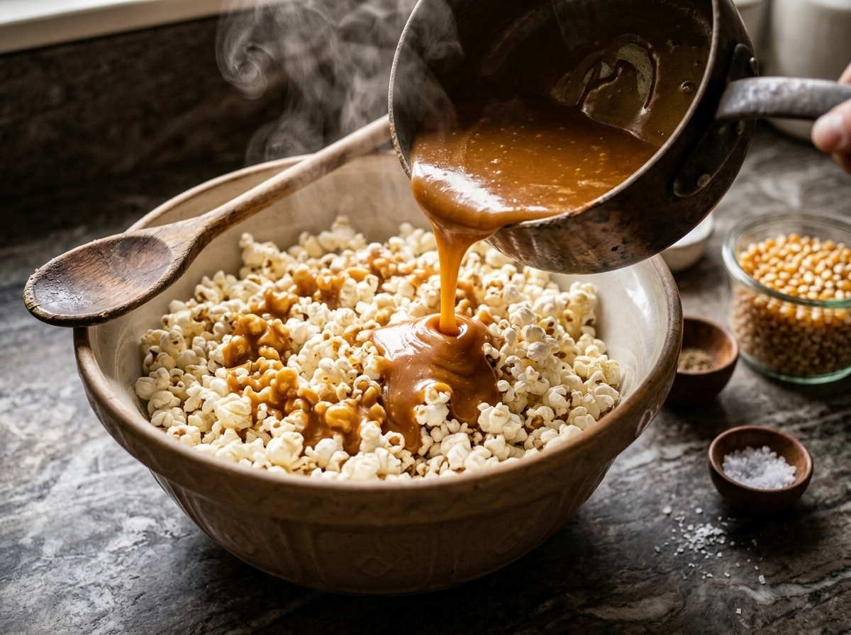 Hot amber caramel syrup being poured over a bowl of fresh white popcorn with a wooden spoon on dark marble