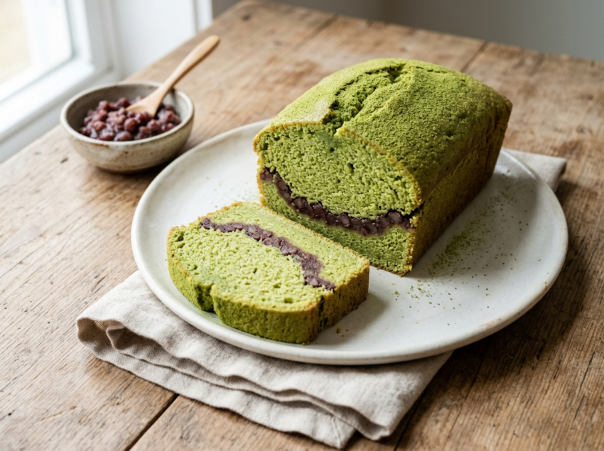 Sliced matcha loaf cake on a ceramic plate showing a dark red bean paste ribbon through the green crumb