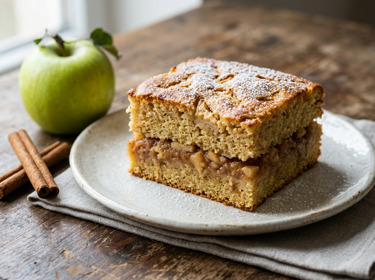 Square slice of Romanian apple semolina cake on white plate showing layered semolina and spiced apple filling dusted with powdered sugar