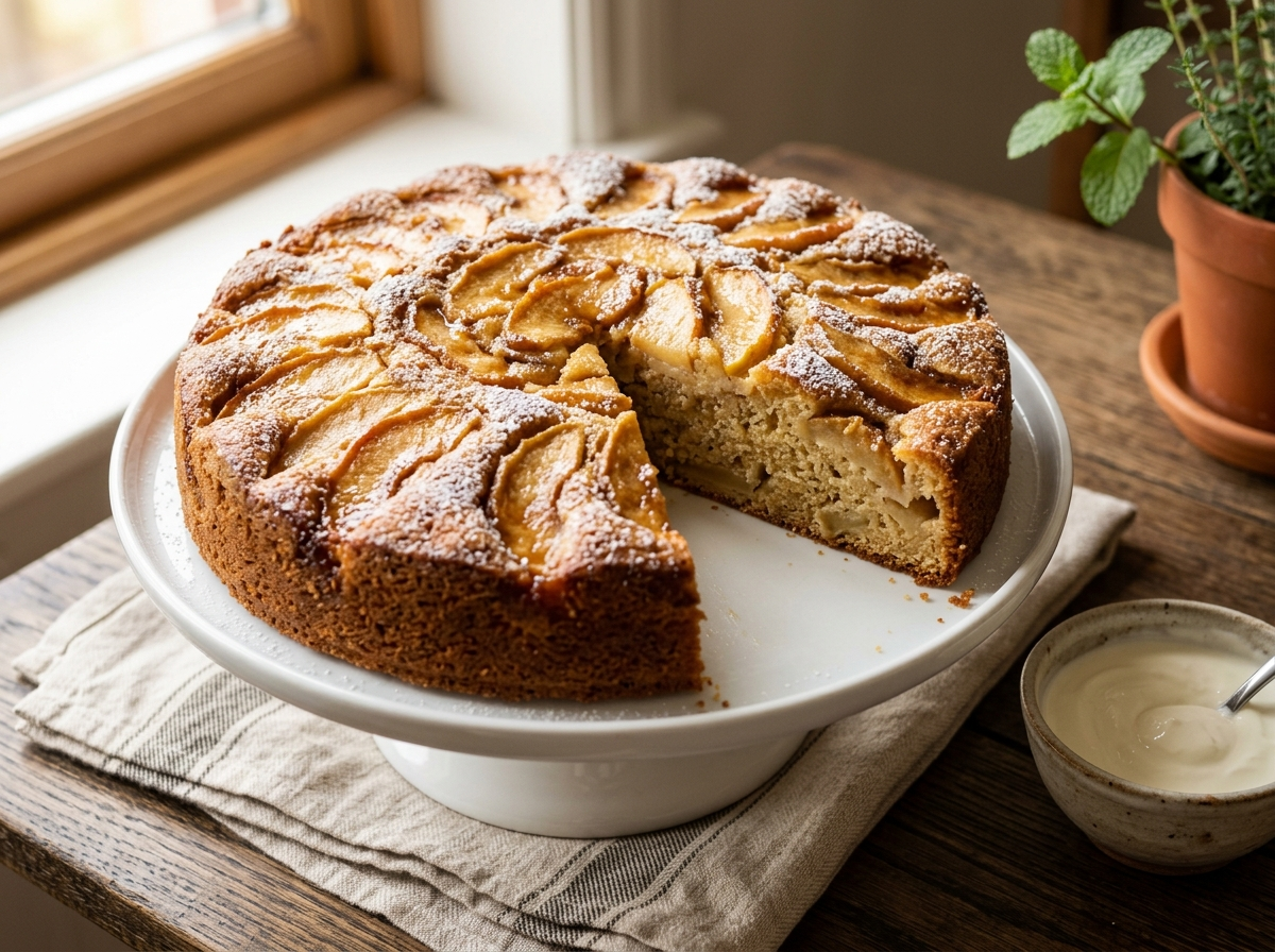 Whole French apple yogurt cake on a white stand with caramelized apple topping and powdered sugar dusting