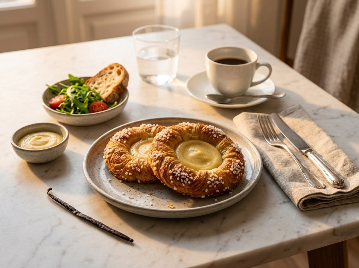 Two baked Danish vanilla cream pastries on a ceramic plate beside a cup of coffee on a wooden breakfast table