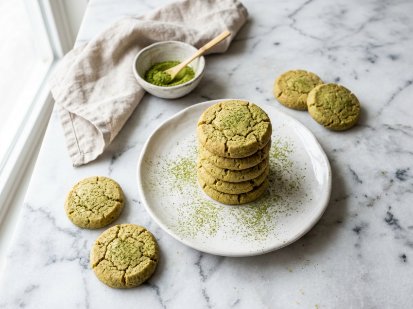 Stack of crisp green tea butter cookies dusted with matcha powder on a white plate and marble surface