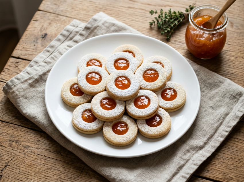 Hungarian jam filled linzer cookies with apricot jam centers dusted in icing sugar arranged on a white ceramic plate