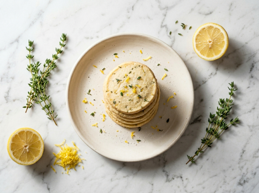 Stack of crisp lemon thyme shortbread cookies on white marble with fresh thyme and lemon halves