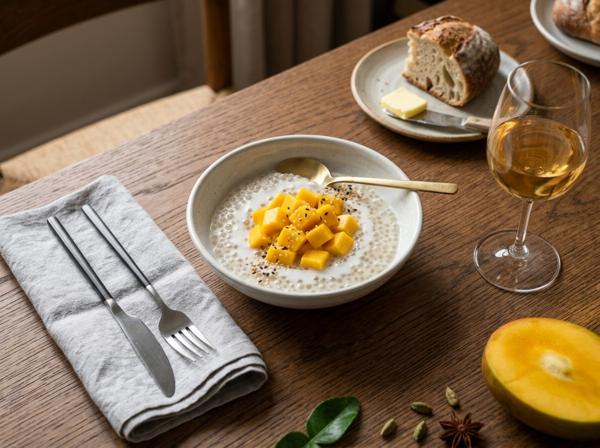 Chilled coconut tapioca mango pudding served in a glass on a wooden table with linen napkin