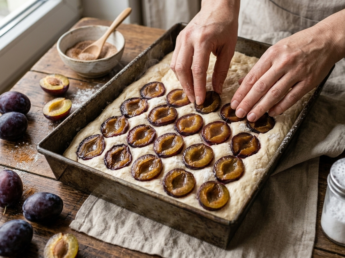 Hands pressing halved Italian prune plums into risen yeast dough in a rectangular tin before baking.