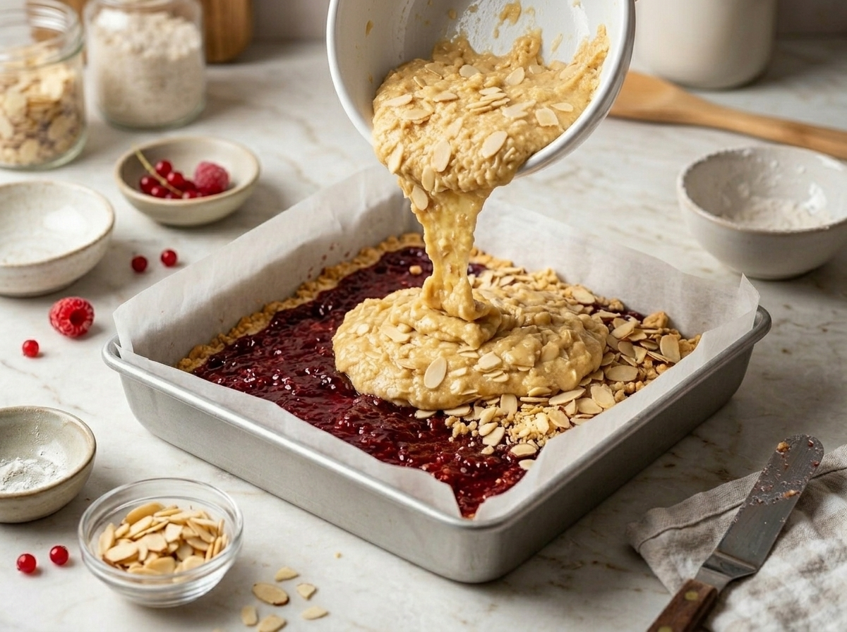Almond topping batter being poured over raspberry jam layer in parchment-lined baking pan before baking