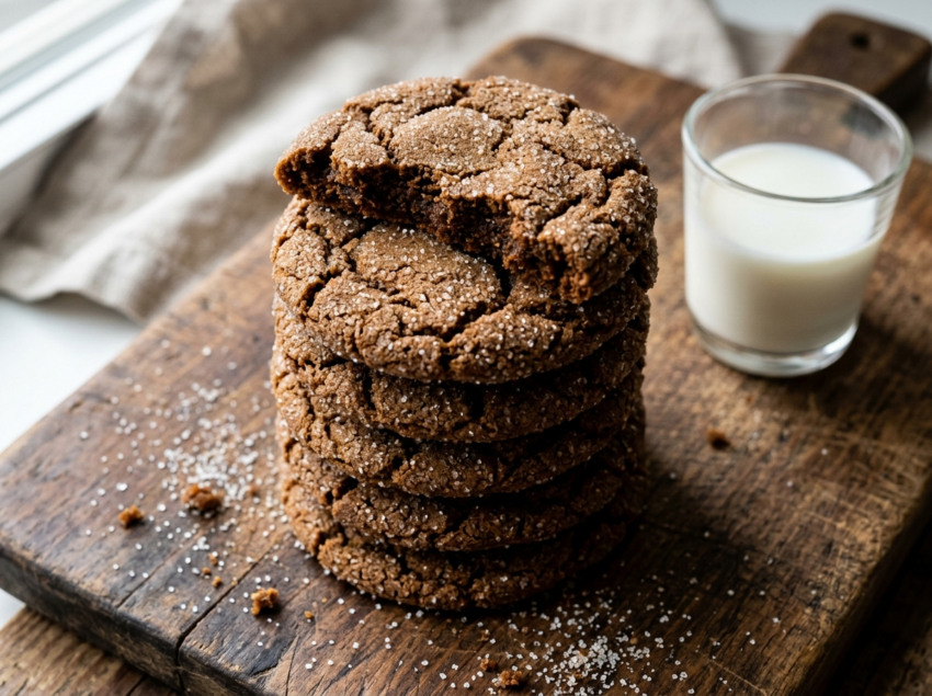 Stack of vintage molasses cookies with crackled sugar tops on a wooden board, showing dark brown color and soft centers