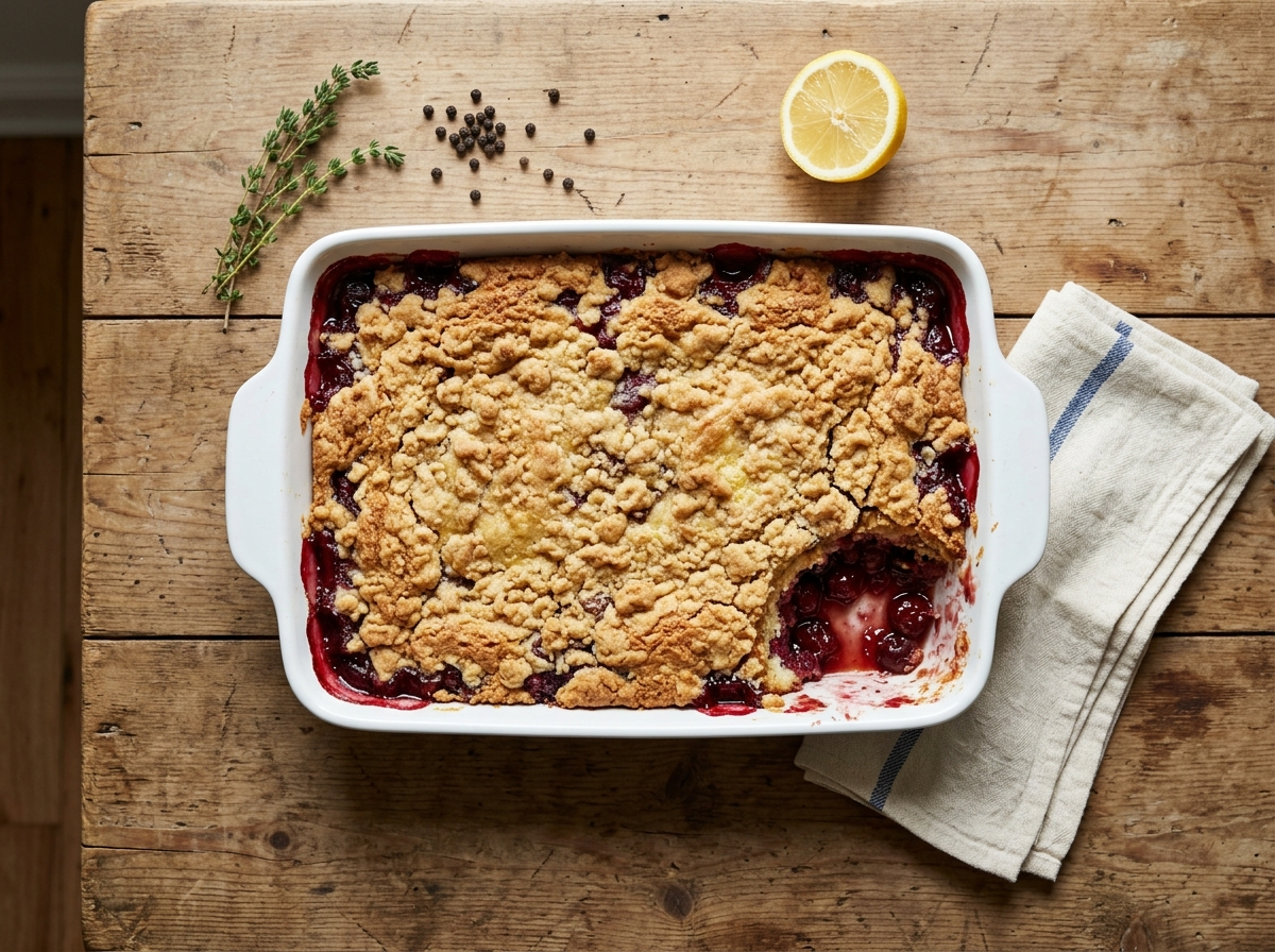 Vintage cherry dump cake in a white baking dish with golden crumble crust and bubbling red cherry filling at the edges