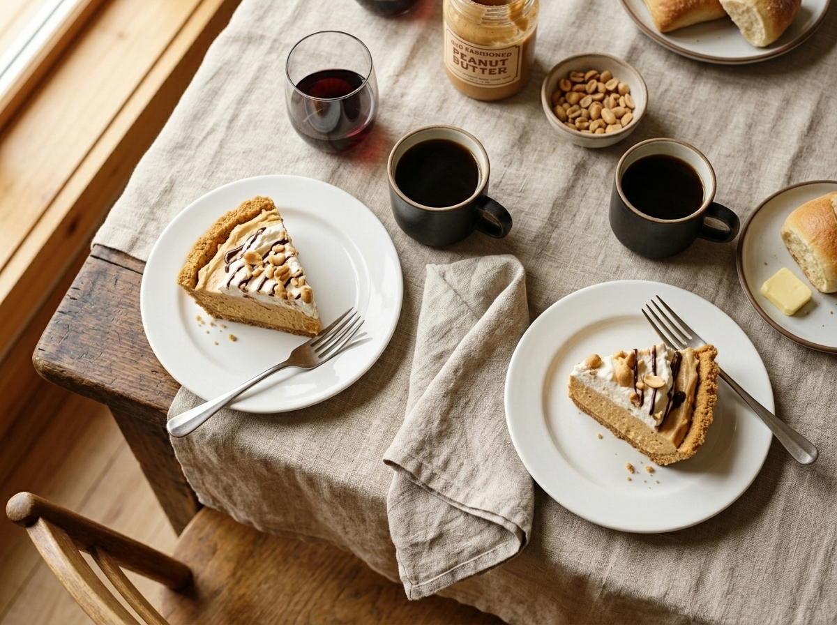Two slices of peanut butter pie with whipped cream and chocolate drizzle on white plates beside mugs of coffee