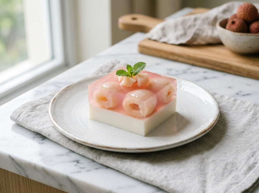 Sliced lychee coconut jelly dessert showing two distinct layers, floral lychee and creamy white coconut, on a marble surface