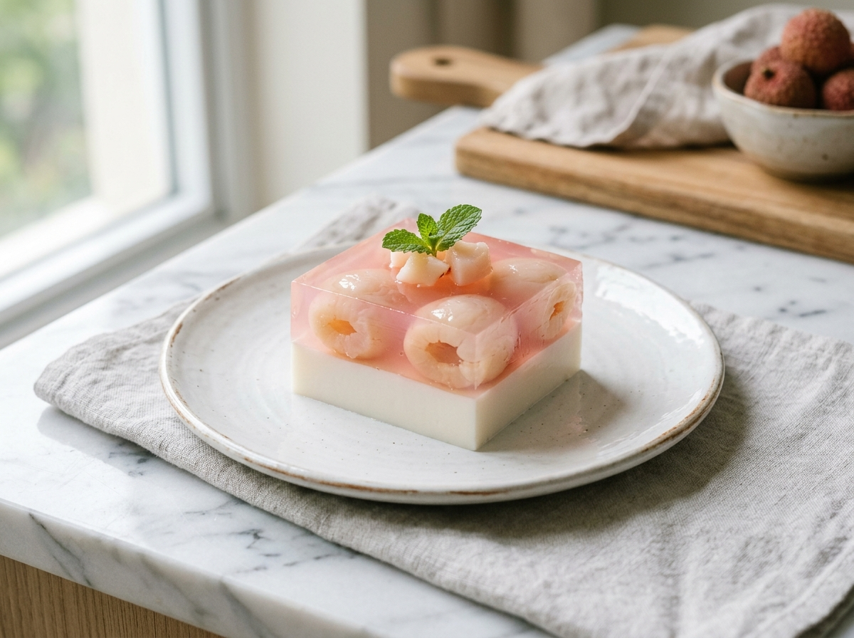Sliced lychee coconut jelly dessert showing two distinct layers, floral lychee and creamy white coconut, on a marble surface