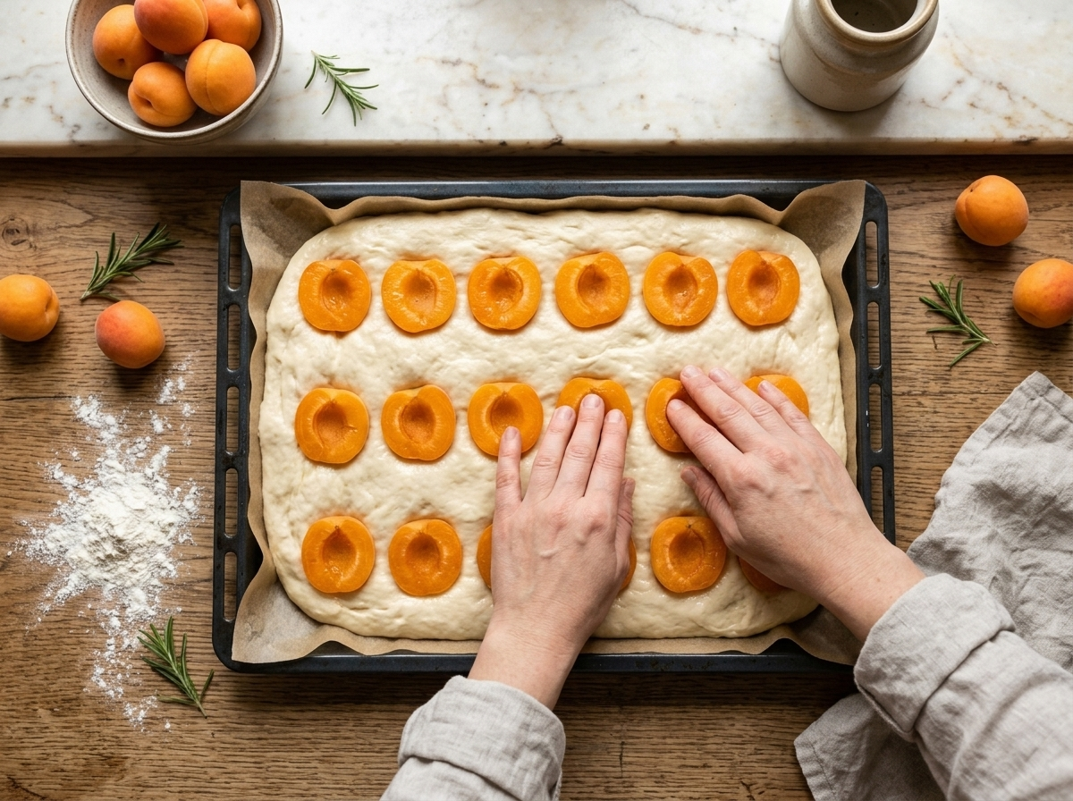 Fresh apricot halves pressed cut-side up into yeast dough on a lined sheet pan before baking