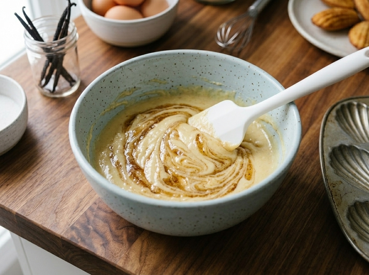 Brown butter folded into pale madeleine batter in a ceramic bowl showing golden ribbons of beurre noisette