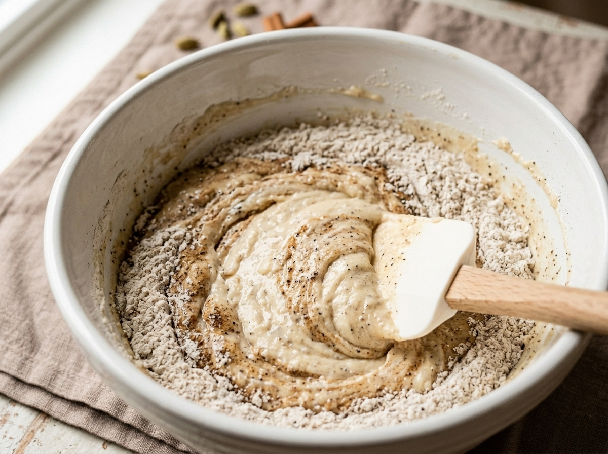 Rubber spatula folding cinnamon spice flour mixture into creamy loaf cake batter in a white ceramic bowl