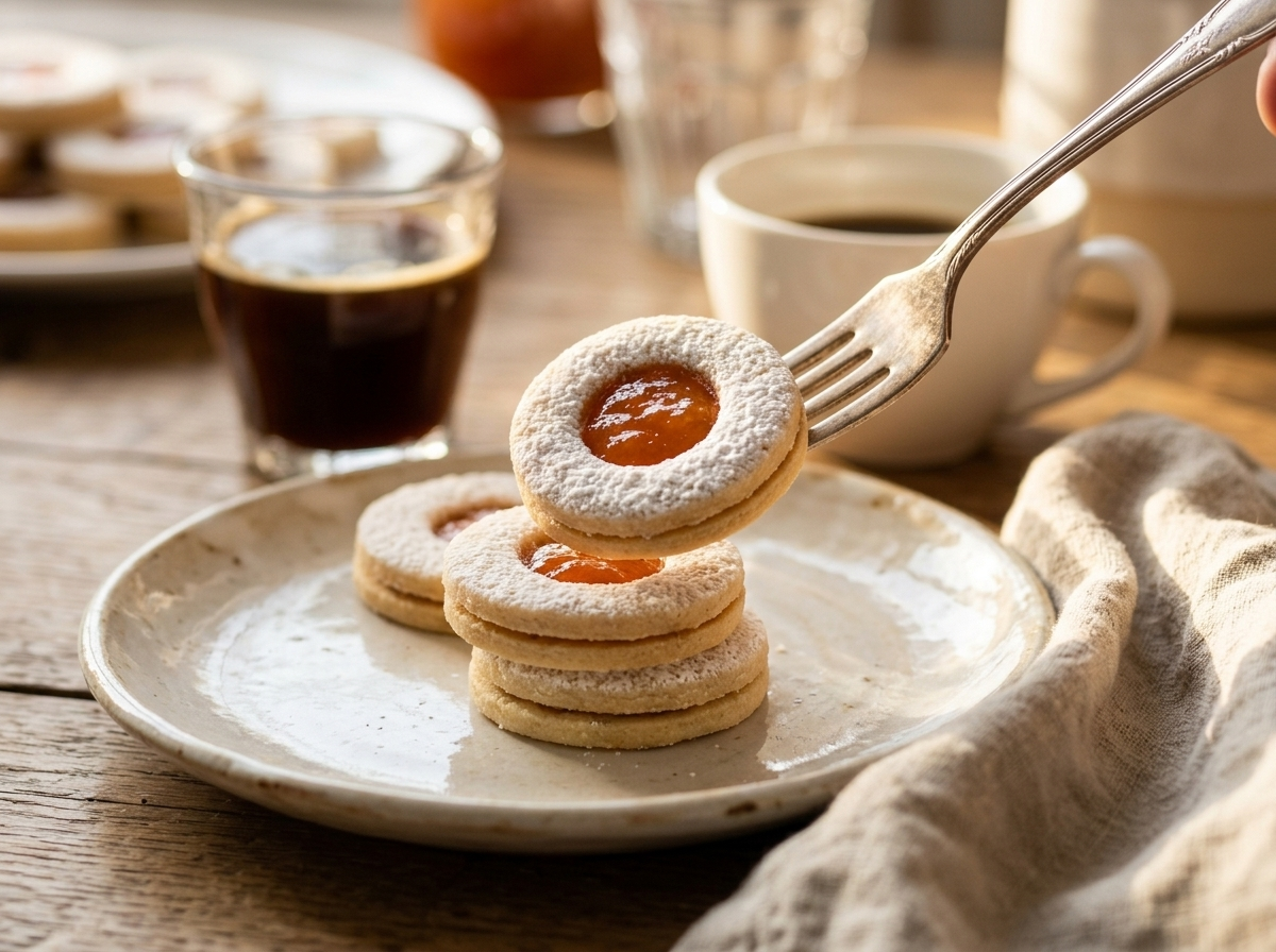 Stack of Hungarian linzer cookies with apricot jam beside a cup of black coffee on a linen napkin