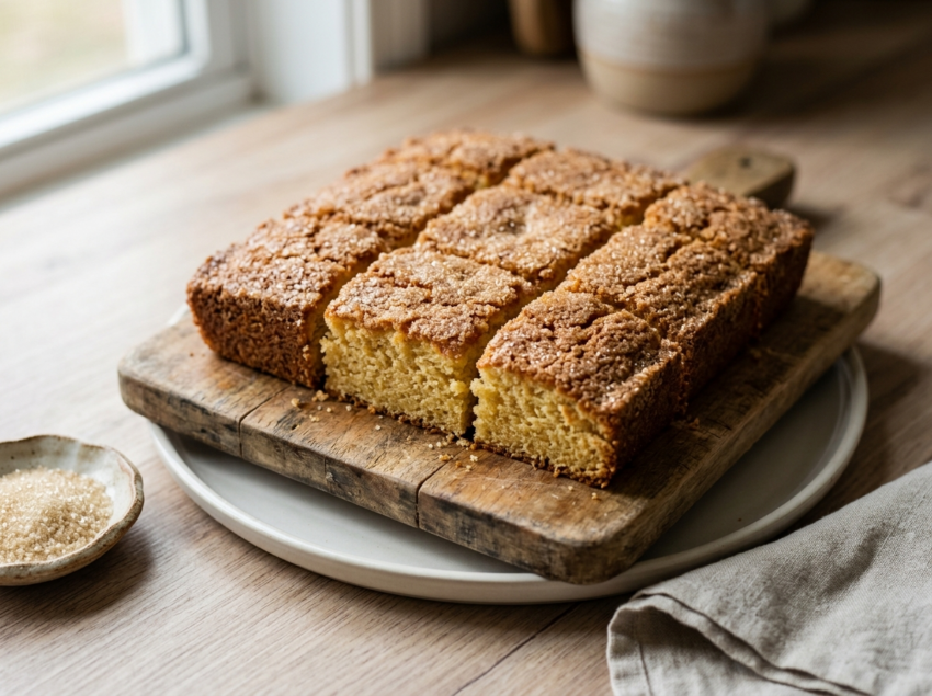 Buttermilk sugar cake cut into nine squares on a wooden board showing crackly granulated sugar crust and golden crumb