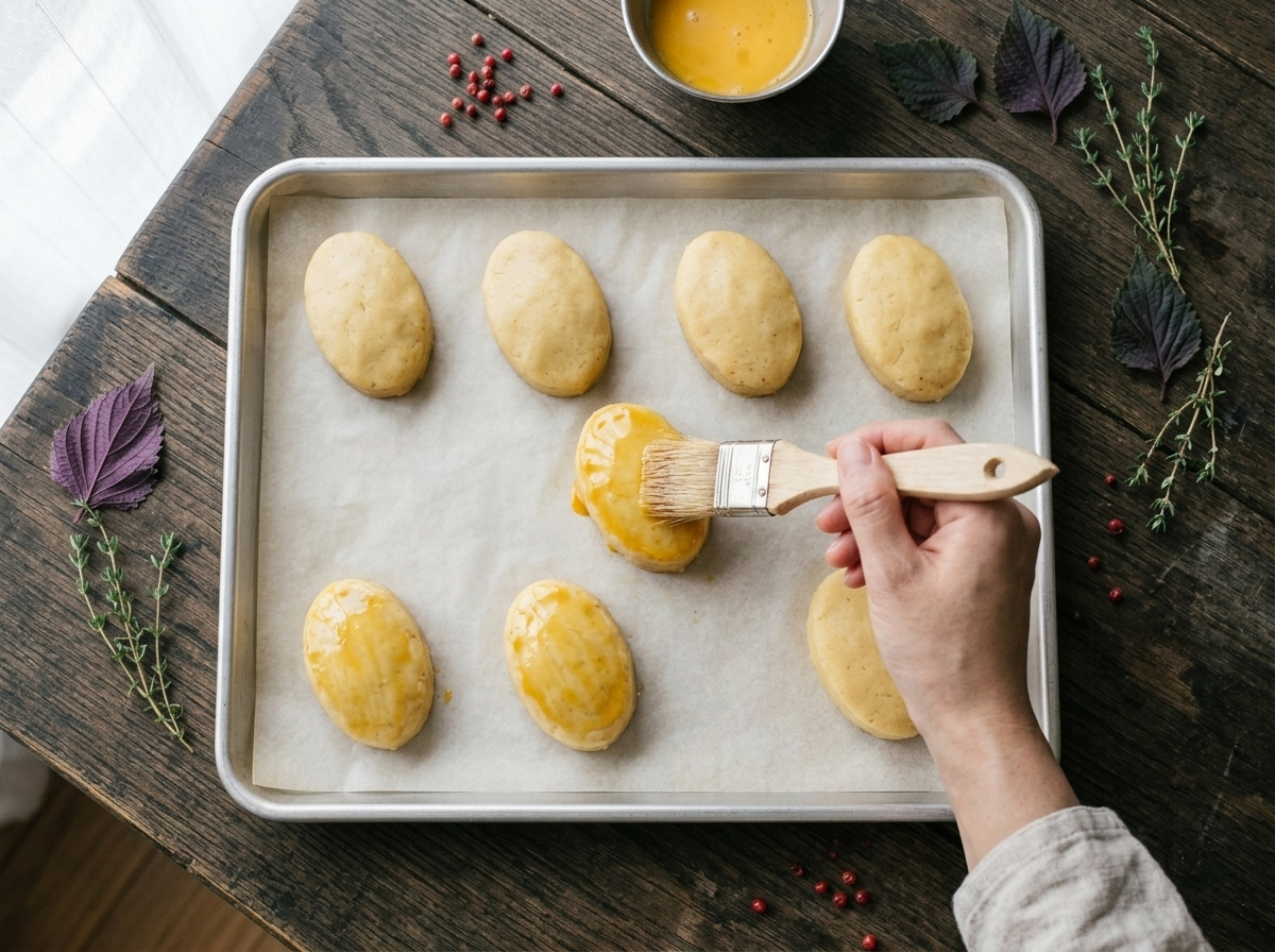 Pastry brush applying egg yolk glaze to oval-shaped Japanese sweet potato cake on a parchment-lined baking tray