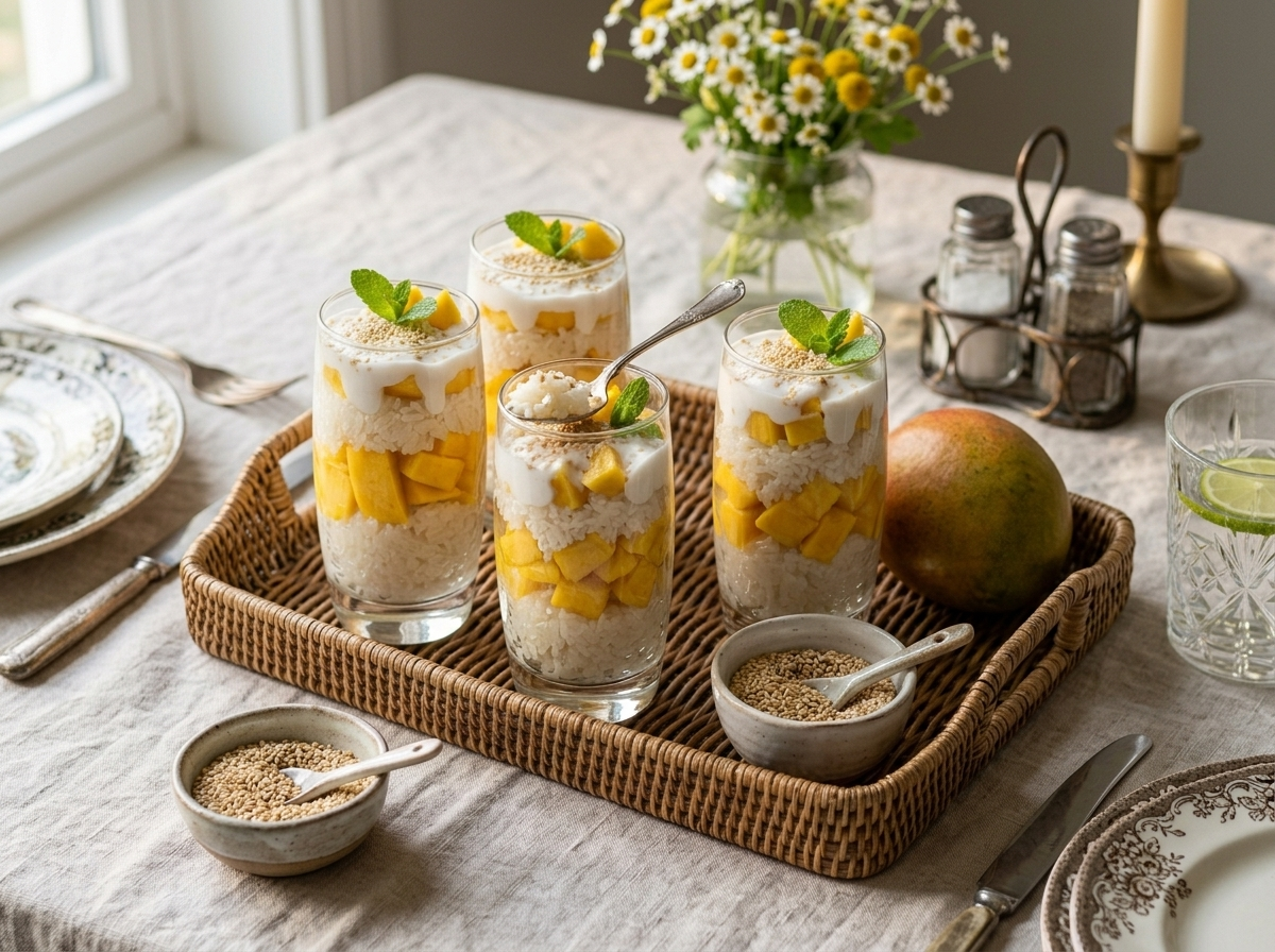 Four mango sticky rice parfait glasses on a rattan tray with fresh mango and sesame seeds in afternoon light