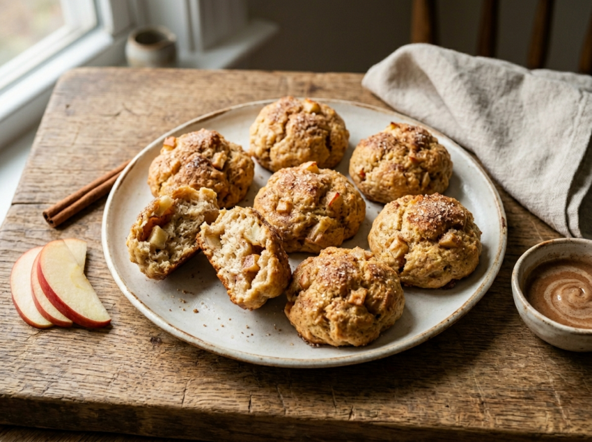 Six golden apple cinnamon tea buns on a white plate, one split open to show soft crumb and apple pieces inside.
