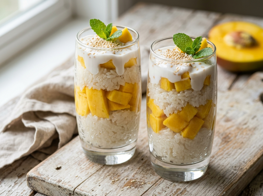 Two tall glasses of mango sticky rice parfait with layered coconut rice, fresh mango planks, and sesame seeds on a wooden board