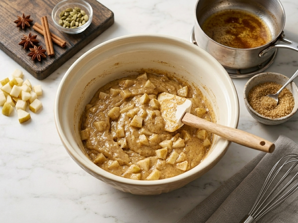 Muffin batter with diced pear chunks being folded in a ceramic bowl on a marble counter